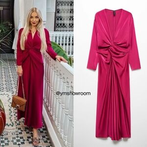 Mango Magenta Twist-Front Long Sleeve Maxi Dress